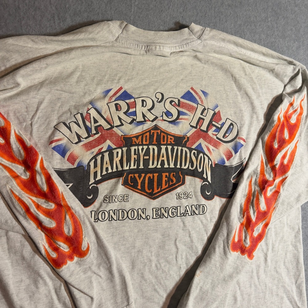 Vintage Harley Davidson Long Sleeve Flame Graphic T-Shirt Gray L London England